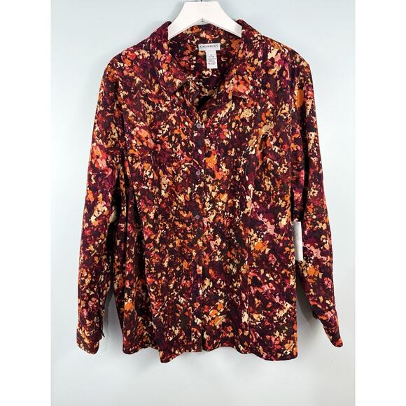 Catherines Tops - Catherines Button Down Shirt Women 2X Brown Corduroy Long Sleeve Abstract‎ Print